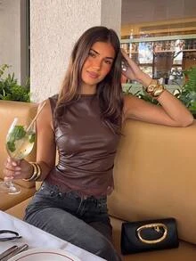 Siren Gaze سترة نسائية جديدة للخريف/الشتاء من جلد البولي يوريثان البني مع رقعات دانتيل - بني - مشاهدة 10