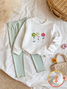 Vintaside Kids 2件組女童T恤內搭褲套裝，甜美白色薄荷色3D花朵荷葉邊長袖圓領加厚羅紋款，生日秋季假期聖誕穿搭 - 綠色 - 查看 6