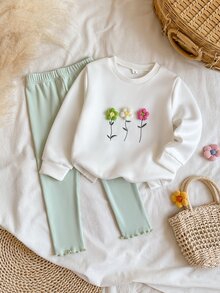 Vintaside Kids 2件組女童T恤內搭褲套裝，甜美白色薄荷色3D花朵荷葉邊長袖圓領加厚羅紋款，生日秋季假期聖誕穿搭 - 綠色 - 查看 3