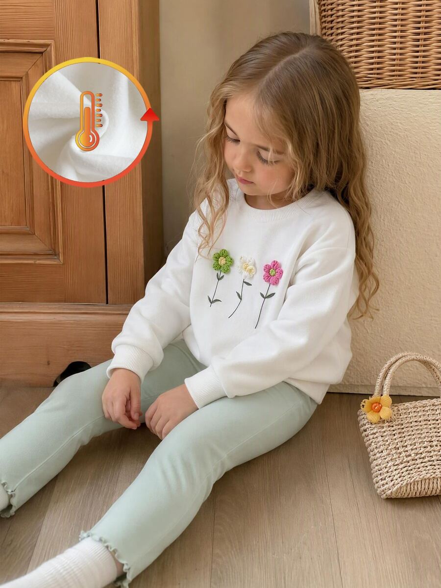 Vintaside Kids 2件組女童T恤內搭褲套裝,甜美白色薄荷色3D花朵荷葉邊長袖圓領加厚羅紋款,生日秋季假期聖誕穿搭 - 綠色 - 查看 1