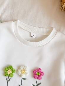 Vintaside Kids 2件組女童T恤內搭褲套裝，甜美白色薄荷色3D花朵荷葉邊長袖圓領加厚羅紋款，生日秋季假期聖誕穿搭 - 綠色 - 查看 7