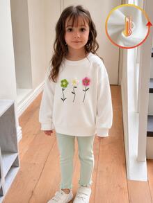 Vintaside Kids 2件組女童T恤內搭褲套裝，甜美白色薄荷色3D花朵荷葉邊長袖圓領加厚羅紋款，生日秋季假期聖誕穿搭 - 綠色 - 查看 4