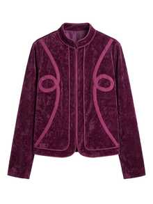 Nöista Burgundy Velvet Jacket With A Refined Stand Collar And Contrast Piping. Elegant Autumn Winter Style, Ideal For Dinners, Parties And Festive Occasions - Red Violet - View 9
