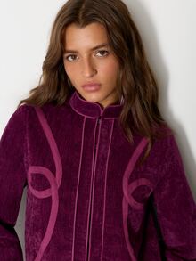 Nöista Burgundy Velvet Jacket With A Refined Stand Collar And Contrast Piping. Elegant Autumn Winter Style, Ideal For Dinners, Parties And Festive Occasions - Red Violet - View 2