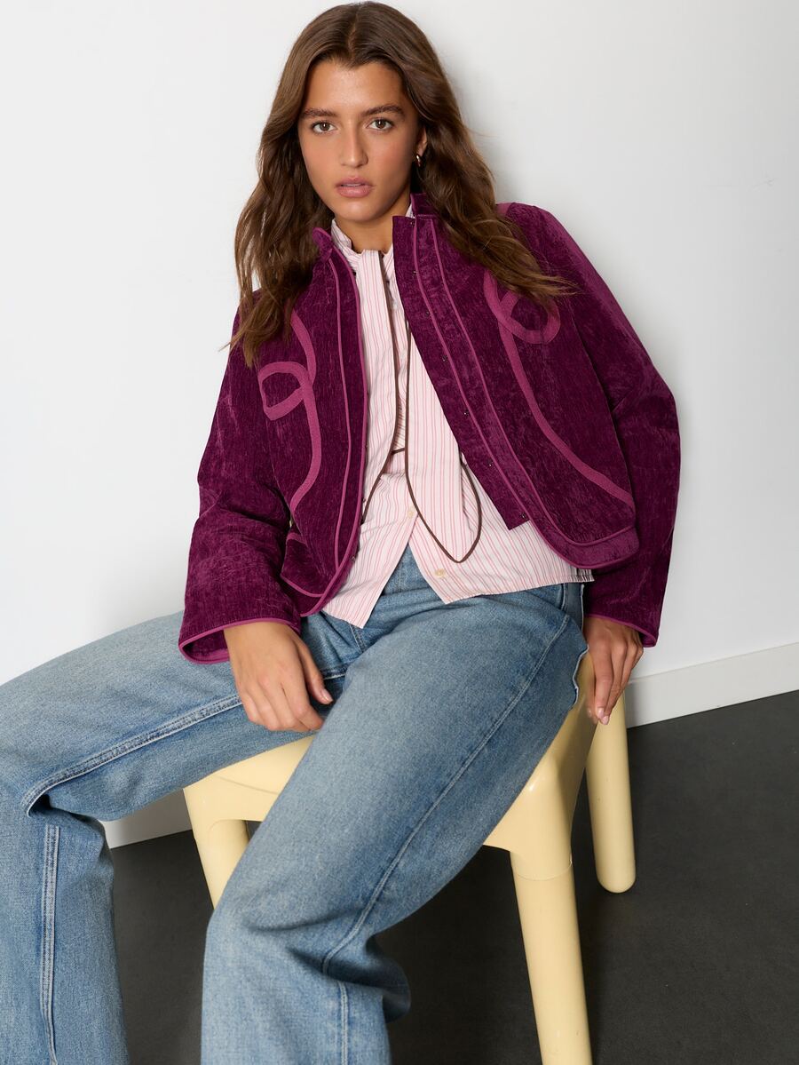 Nöista Burgundy Velvet Jacket With A Refined Stand Collar And Contrast Piping. Elegant Autumn Winter Style, Ideal For Dinners, Parties And Festive Occasions - Red Violet - View 1
