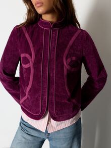 Nöista Burgundy Velvet Jacket With A Refined Stand Collar And Contrast Piping. Elegant Autumn Winter Style, Ideal For Dinners, Parties And Festive Occasions - Red Violet - View 7