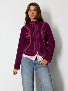 Nöista Burgundy Velvet Jacket With A Refined Stand Collar And Contrast Piping. Elegant Autumn Winter Style, Ideal For Dinners, Parties And Festive Occasions - Red Violet - View 3