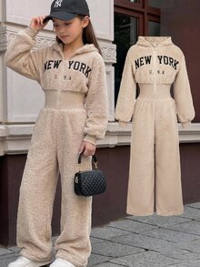 SHEIN Tween女孩卡其色毛絨加厚冬季連身褲 刺繡字母休閒日常百搭街頭時尚酷感 - 卡其色 - 查看 2