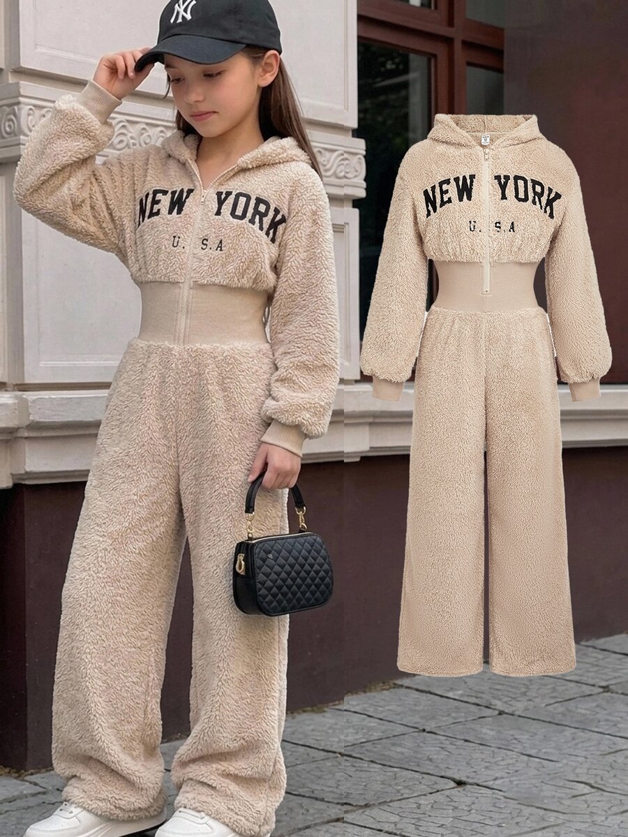 SHEIN Tween女孩卡其色毛絨加厚冬季連身褲 刺繡字母休閒日常百搭街頭時尚酷感