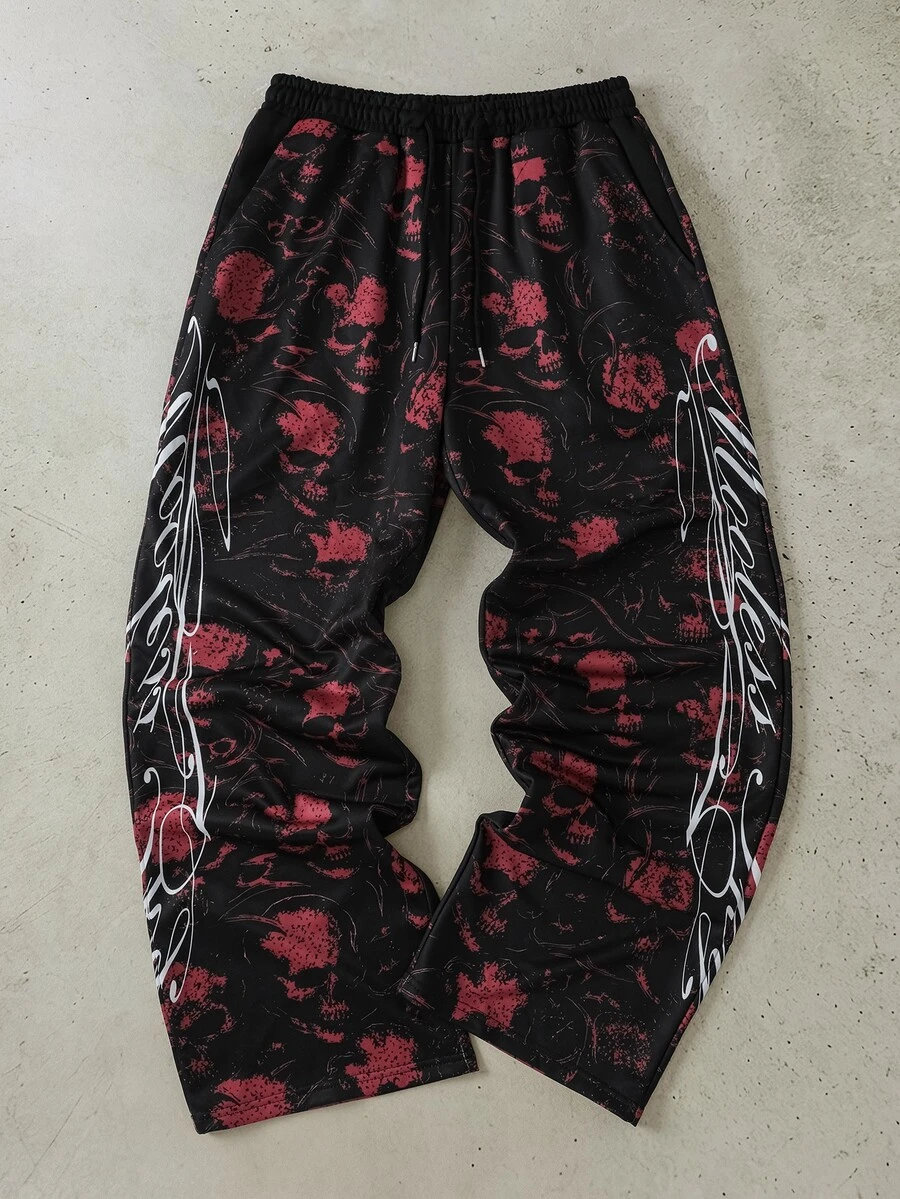 ROMWE MEN Pantalones de chándal holgados con estampado de calavera gótica para hombre - Negro - Ver 1