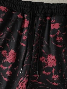 ROMWE MEN Pantalones de chándal holgados con estampado de calavera gótica para hombre - Negro - Ver 4