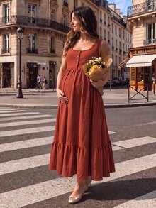 Momance Maternity Solid Color Button Front Ruffle Hem Pinafore Dress - Brown - View 3