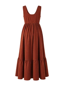 Momance Maternity Solid Color Button Front Ruffle Hem Pinafore Dress - Brown - View 6