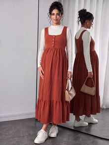 Momance Maternity Solid Color Button Front Ruffle Hem Pinafore Dress - Brown - View 1