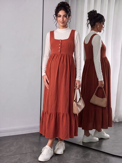 Momance Vestido tipo delantal de maternidad de unicolor con botones delanteros y bajo con volantes