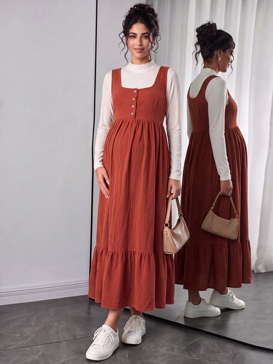 Momance Maternity Solid Color Button Front Ruffle Hem Pinafore Dress - Brown - View 1