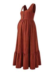 Momance Maternity Solid Color Button Front Ruffle Hem Pinafore Dress - Brown - View 7