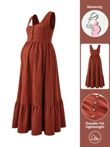 Momance Maternity Solid Color Button Front Ruffle Hem Pinafore Dress - Brown - View 5
