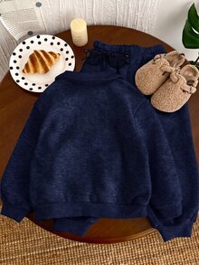 2pcs Casual College Style Young Boys Casual Comfortable Versatile Solid Color Lapel Long Sleeve Sweatshirt & Long Pants Tracksuit Set, Thermal Lined Brushed Thick Fabric, Young Boys Clothes For School - Navy Blue - View 2
