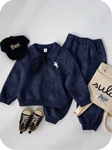 2pcs Casual College Style Young Boys Casual Comfortable Versatile Solid Color Lapel Long Sleeve Sweatshirt & Long Pants Tracksuit Set, Thermal Lined Brushed Thick Fabric, Young Boys Clothes For School - Navy Blue - View 8