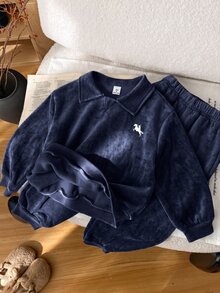 2pcs Casual College Style Young Boys Casual Comfortable Versatile Solid Color Lapel Long Sleeve Sweatshirt & Long Pants Tracksuit Set, Thermal Lined Brushed Thick Fabric, Young Boys Clothes For School - Navy Blue - View 7