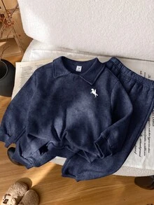 2pcs Casual College Style Young Boys Casual Comfortable Versatile Solid Color Lapel Long Sleeve Sweatshirt & Long Pants Tracksuit Set, Thermal Lined Brushed Thick Fabric, Young Boys Clothes For School - Navy Blue - View 6