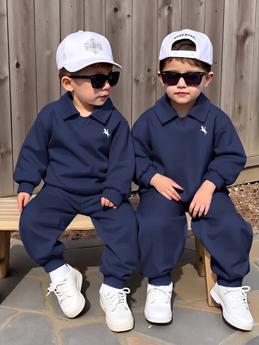 2pcs Casual College Style Young Boys Casual Comfortable Versatile Solid Color Lapel Long Sleeve Sweatshirt & Long Pants Tracksuit Set, Thermal Lined Brushed Thick Fabric, Young Boys Clothes For School - Navy Blue - View 1