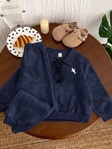 2pcs Casual College Style Young Boys Casual Comfortable Versatile Solid Color Lapel Long Sleeve Sweatshirt & Long Pants Tracksuit Set, Thermal Lined Brushed Thick Fabric, Young Boys Clothes For School - Navy Blue - View 5