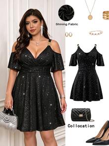 Femmeverse Plus Size Women's Black Sequin V-Neck Cold Shoulder Patchwork Fashion Gold Chain Bodycon Knee-Length Party Dress, Flared Short Sleeves, A-Line Full Skirt - Black - View 7