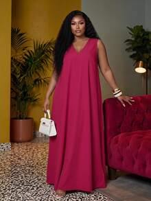 Veslaya Spring/Summer New Arrival Vacation Casual & Commute Casual & Daily Casual & Daily Outing Solid White Loose V-Neck A-Line Asymmetrical Hem Plus Size Maxi Dress - Z - Hot Pink - View 1