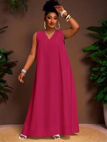 Veslaya Spring/Summer New Arrival Vacation Casual & Commute Casual & Daily Casual & Daily Outing Solid White Loose V-Neck A-Line Asymmetrical Hem Plus Size Maxi Dress - Z - Hot Pink - View 6