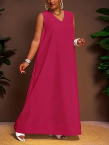 Veslaya Spring/Summer New Arrival Vacation Casual & Commute Casual & Daily Casual & Daily Outing Solid White Loose V-Neck A-Line Asymmetrical Hem Plus Size Maxi Dress - Z - Hot Pink - View 4