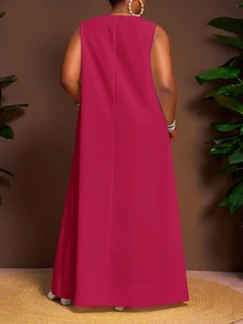 Veslaya Spring/Summer New Arrival Vacation Casual & Commute Casual & Daily Casual & Daily Outing Solid White Loose V-Neck A-Line Asymmetrical Hem Plus Size Maxi Dress - Z - Hot Pink - View 2