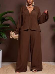 Veslaya Conjunto de camisa de unicolor con cuello en V y mangas acampanadas, y pantalones de pierna ancha, nueva colección Primavera/Verano 2025 - Marrón - Ver 3