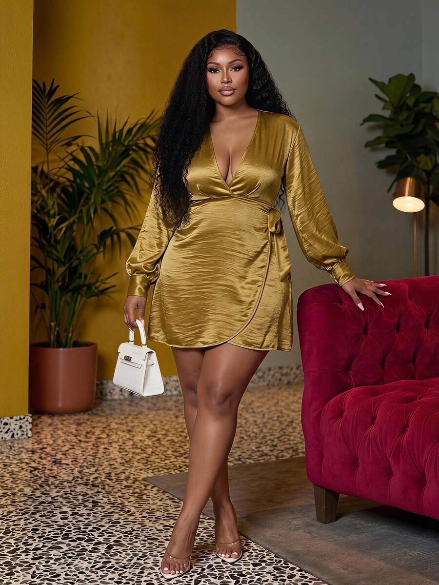 Veslaya Autumn New Gold Elegant Deep V-Neck Long Sleeve Sparkly Mini ...