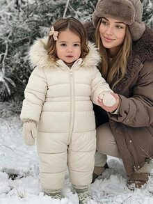 SHEIN 女嬰長袖前開拉鍊拼接人造毛連帽冬季連身衣 - 米色 - 查看 4