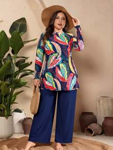 Swim Mulvari 2026 New Tropical Plant Print Matching Solid Color Pants 2 Pieces Set, Plus Size For Beach Beach Vacation/Resort Navy Blue Summer Filipiniana - Multicolor - View 4