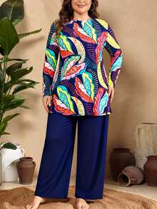 Swim Mulvari 2026 New Tropical Plant Print Matching Solid Color Pants 2 Pieces Set, Plus Size For Beach Beach Vacation/Resort Navy Blue Summer Filipiniana - Multicolor - View 2