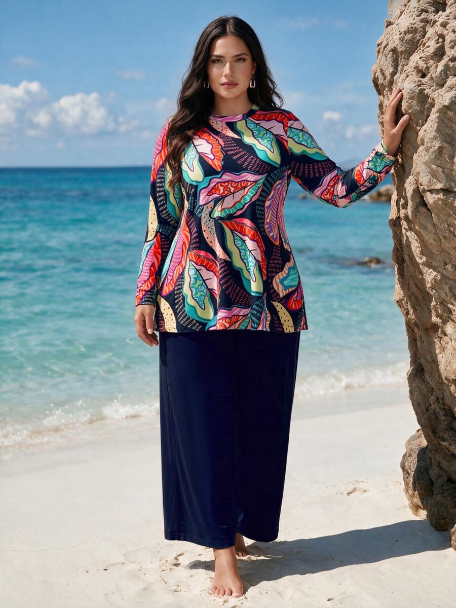 Swim Mulvari 2026 New Tropical Plant Print Matching Solid Color Pants 2 Pieces Set, Plus Size For Beach Beach Vacation/Resort Navy Blue Summer Filipiniana - Multicolor - View 1