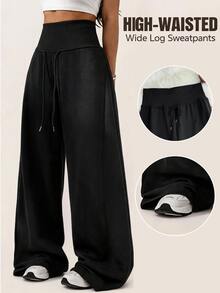 Comfortcana Plus Size Autumn/Winter Ultra High Waist Drawstring Silhouette Flare Black Knit Long Pants - Black - View 7