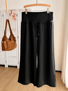Comfortcana Plus Size Autumn/Winter Ultra High Waist Drawstring Silhouette Flare Black Knit Long Pants - Black - View 6