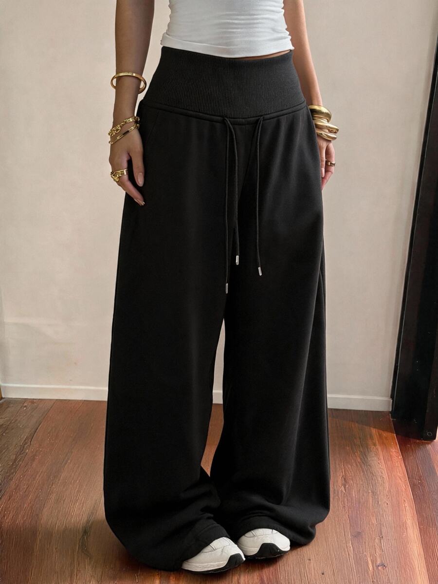 Comfortcana Plus Size Autumn/Winter Ultra High Waist Drawstring Silhouette Flare Black Knit Long Pants - Black - View 1