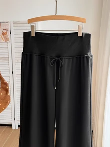 Comfortcana Plus Size Autumn/Winter Ultra High Waist Drawstring Silhouette Flare Black Knit Long Pants - Black - View 4