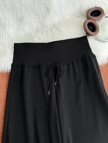 Comfortcana Plus Size Autumn/Winter Ultra High Waist Drawstring Silhouette Flare Black Knit Long Pants - Black - View 3