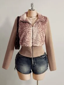 SHEIN ICON Plus Size Patchwork Ribbed Front Zip Faux Fur Jacket - Brown - View 2