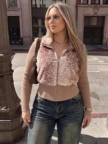 SHEIN ICON Plus Size Patchwork Ribbed Front Zip Faux Fur Jacket - Brown - View 1