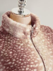 SHEIN ICON Plus Size Patchwork Ribbed Front Zip Faux Fur Jacket - Brown - View 6