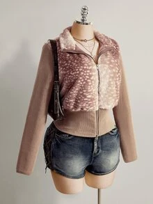 SHEIN ICON Plus Size Patchwork Ribbed Front Zip Faux Fur Jacket - Brown - View 8