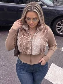 SHEIN ICON Plus Size Patchwork Ribbed Front Zip Faux Fur Jacket - Brown - View 3