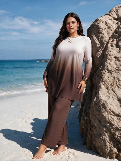 SHEIN Swim Plus Size 2-Piece Gradient Color Positioned Print Long Sleeve Crew Neck Pullover Modest Loose Slimming Middle Eastern Women's Burkini Casual Vacation Swimwear Set